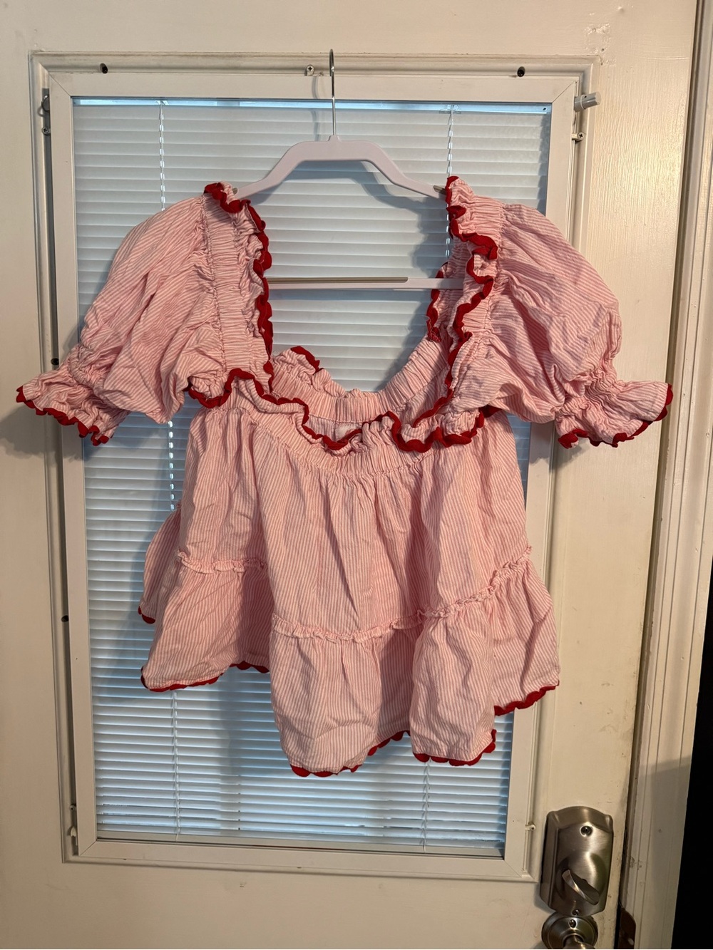 Elizabeth Wilson Pink Stripe Ruffle Babydoll Top with Red Trim